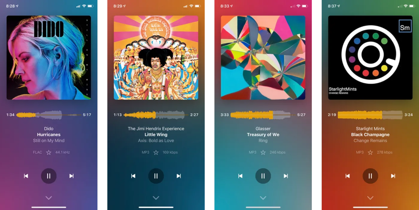 Four screenshots of a music player app, with different background gradients
