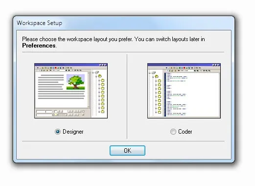 Screenshot of Dreamweaver, showing options for designer and coder layouts