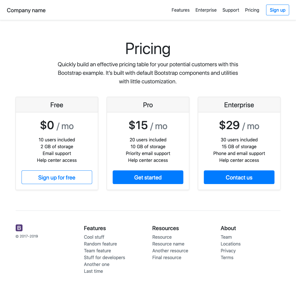Screenshot from getbootstrap.com/docs/4.3/examples/pricing