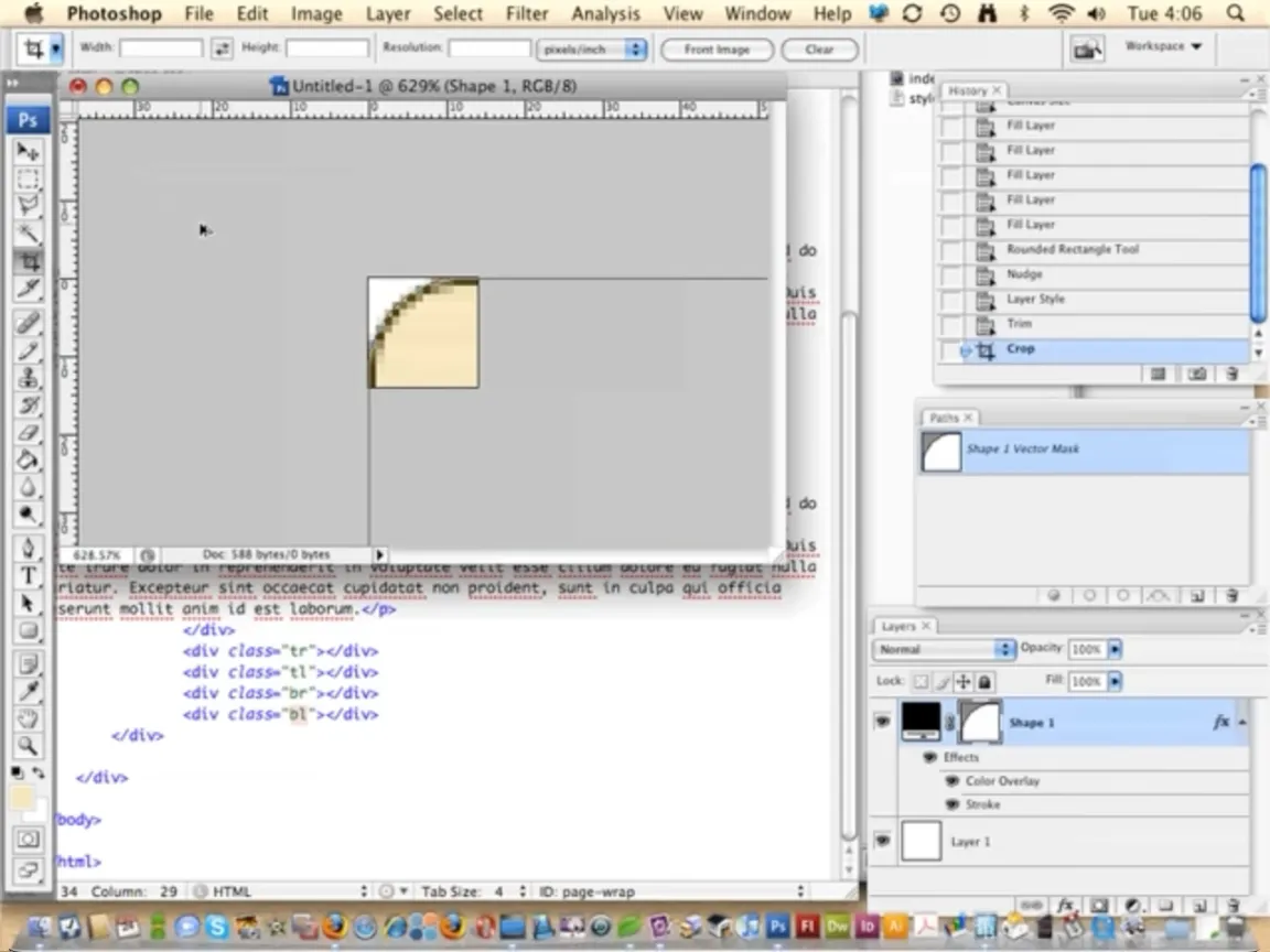 Screenshot of a rounded corner being made in Photoshop